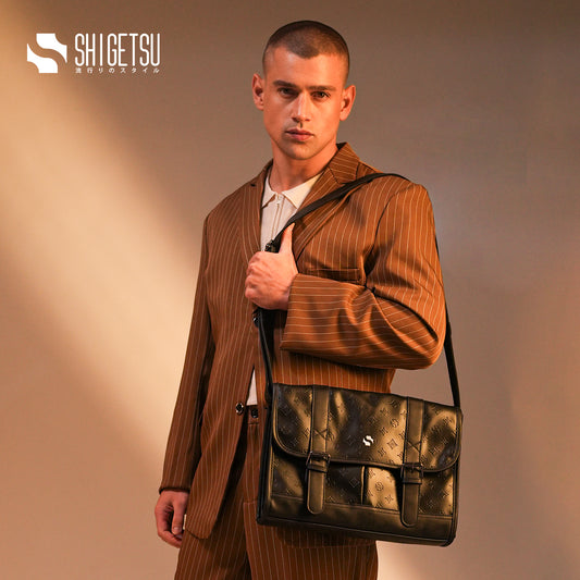 Shigetsu GOJO Debossed Monogram Leather Sling Bag For Men