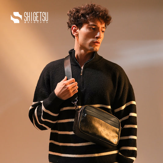 Shigetsu HINO Debossed Monogram Leather Sling Bag For Men