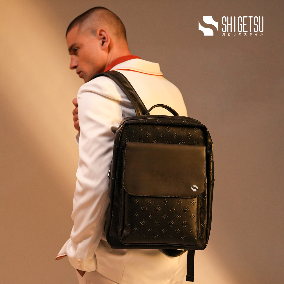 Shigetsu KOKUBU Debossed Monogram Bag Leather Backpack for School men