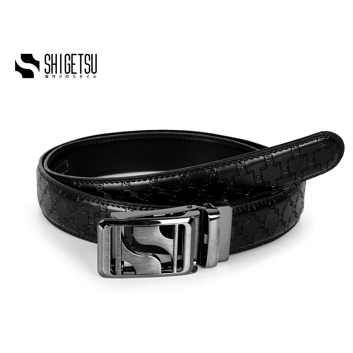 Signature Monogram HIRATSUKA Debossed Black Grey Belt for Men Shigetsu