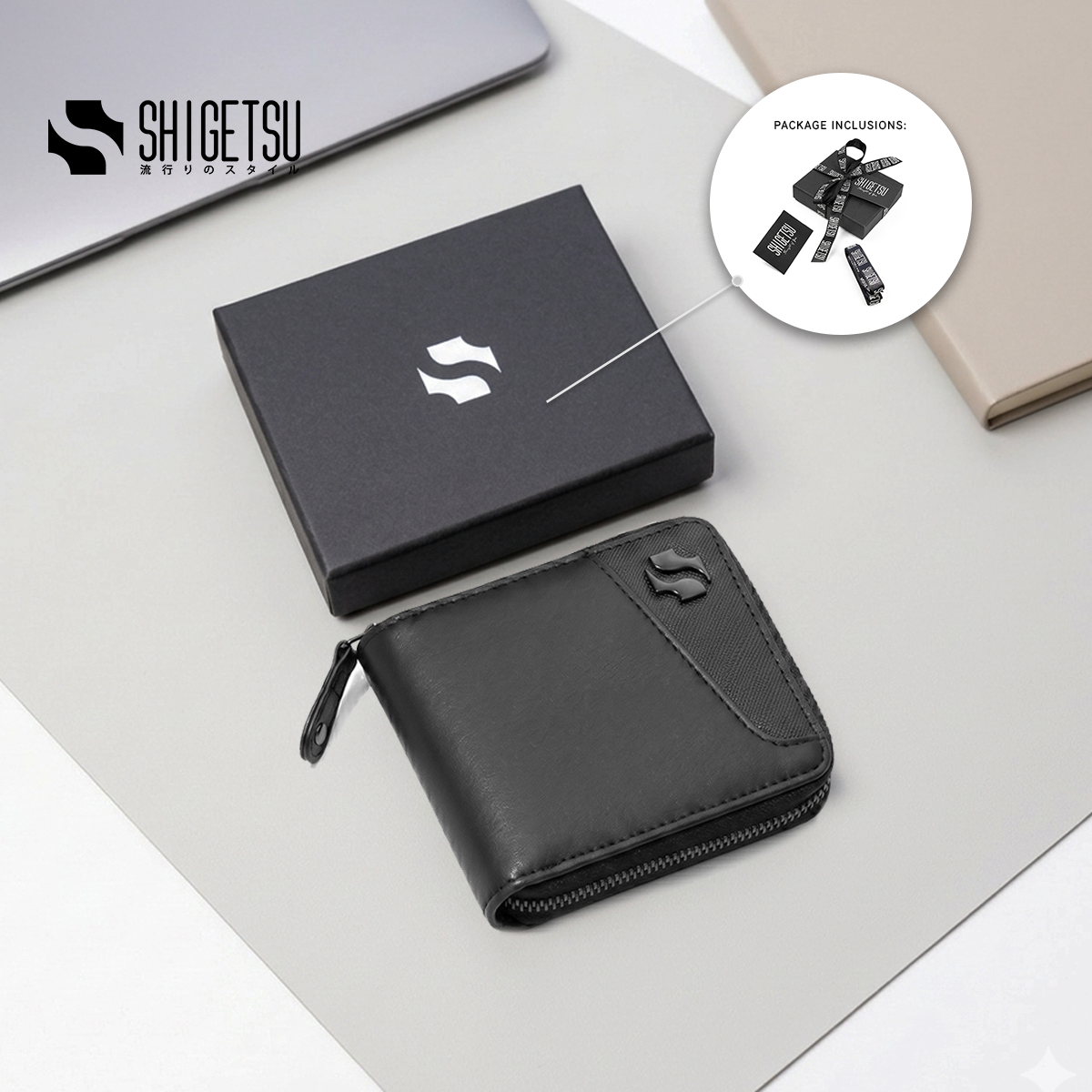 Shigetsu TSUKI Leather Folding Wallet with Attached Flip Pocket for Men