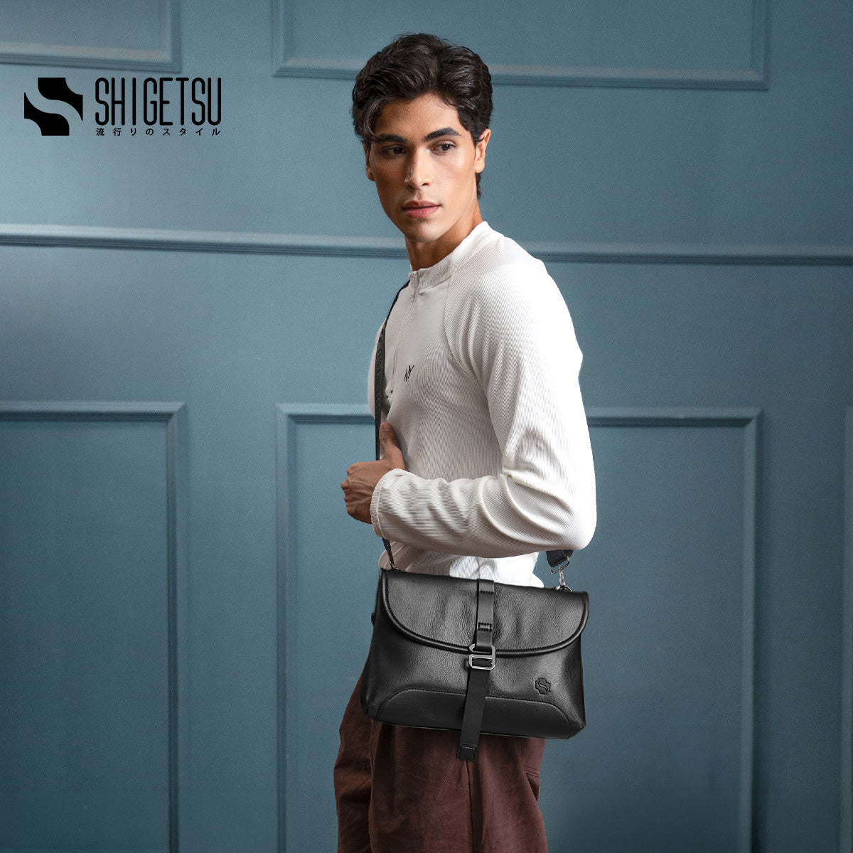 Shigetsu MIYAJIMA Leather Sling Bag Crossbody Bag for Men