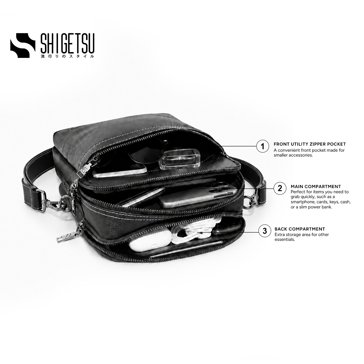 Shigetsu YUZEN Leather Sling Bag for Men