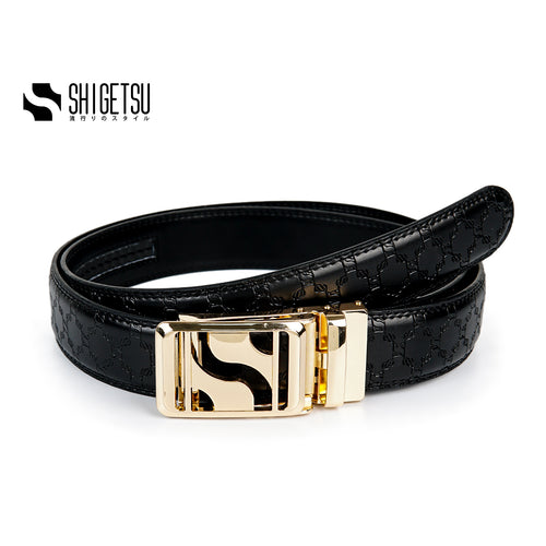 Signature Monogram HIRATSUKA Debossed Black Gold Belt for Men