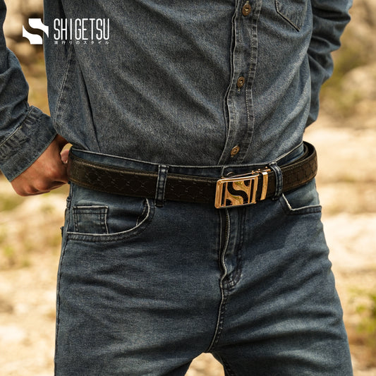 Signature Monogram HIRATSUKA Debossed Black Gold Belt for Men