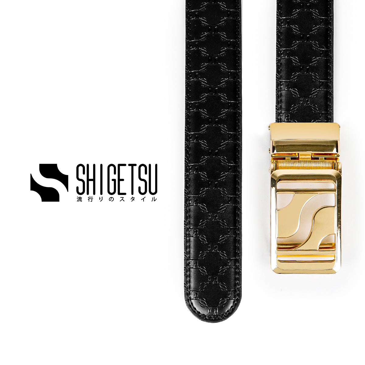 Signature Monogram HIRATSUKA Debossed Black Gold Belt for Men