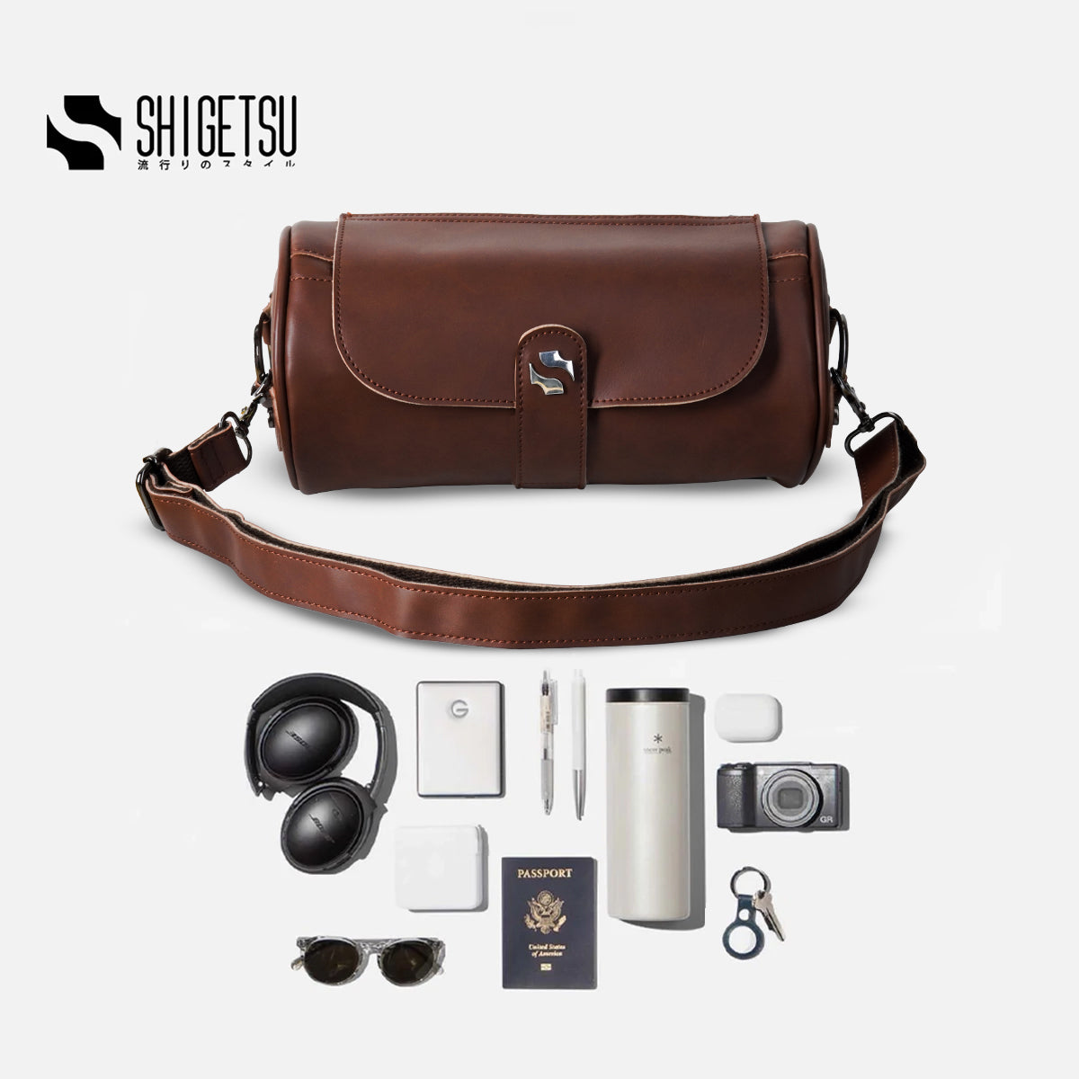 Shigetsu ESASHI Brown Leather barrel bag slingbag for men Bag