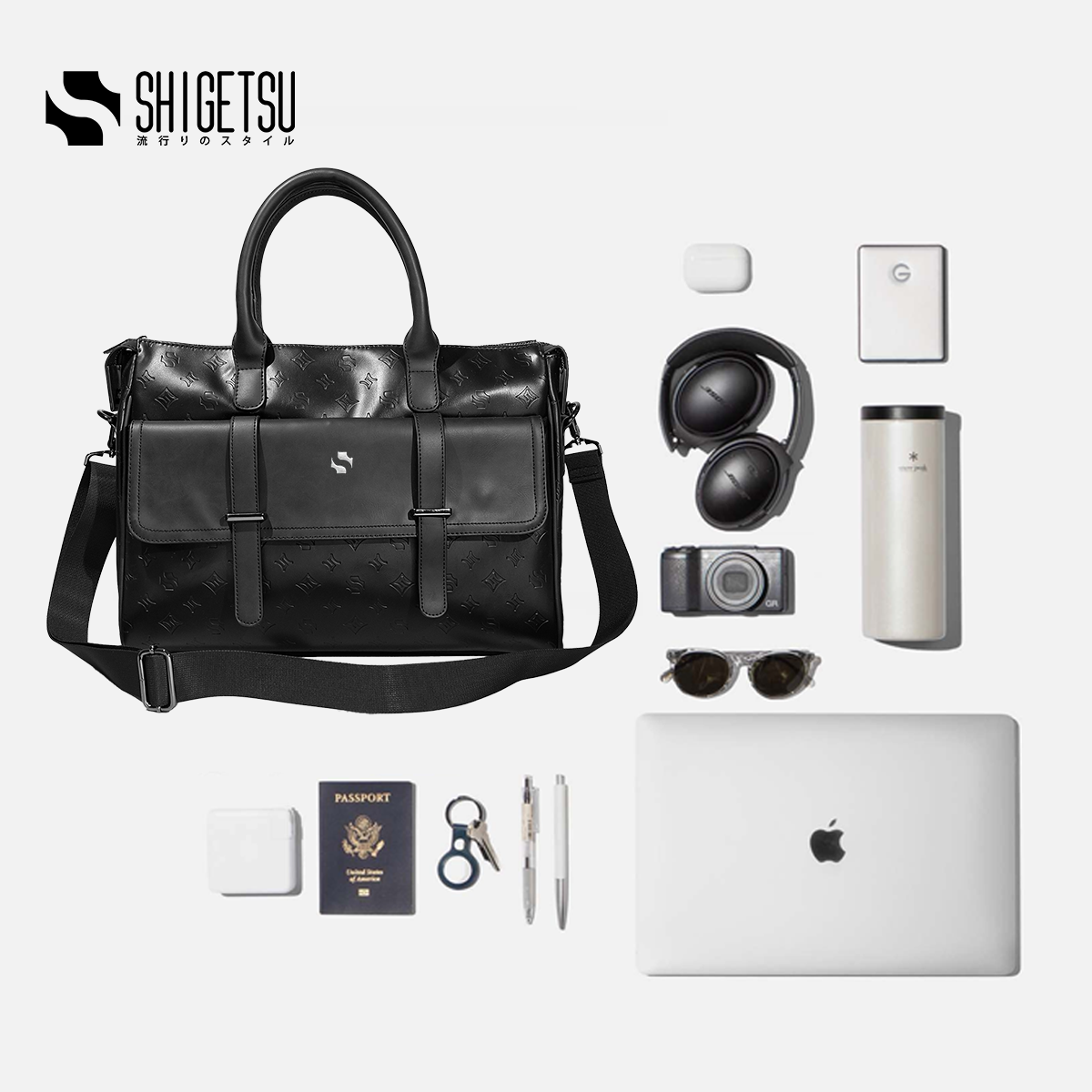 Shigetsu FUJISAWA Debossed Monogram Bag Leather Sling Bag for School for Men
