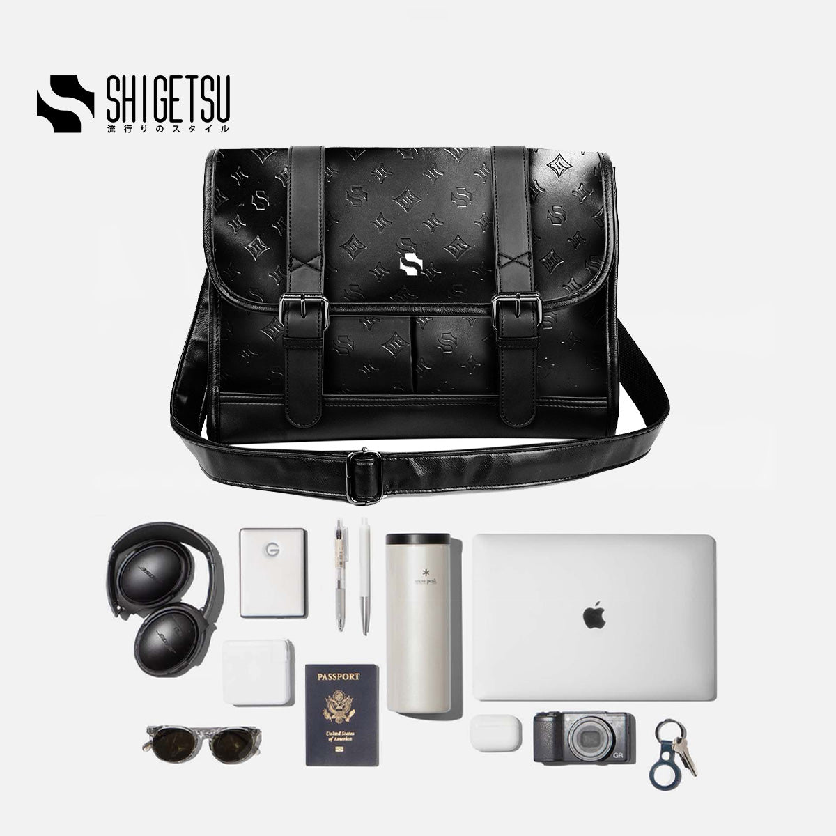 Shigetsu GOJO Debossed Monogram Bag Leather Sling Bag for School Crossbody bag for Men