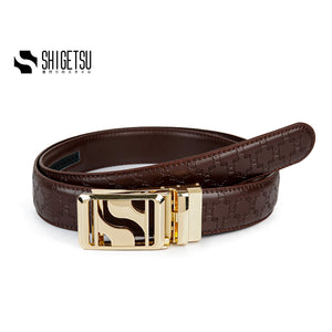 Signature Monogram HIRATSUKA Debossed Brown Gold Belt for Men