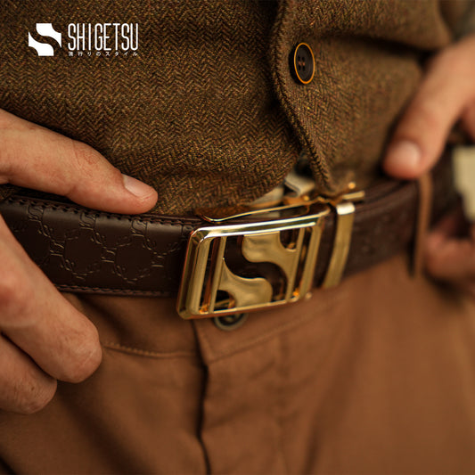 Signature Monogram HIRATSUKA Debossed Brown Gold Belt for Men