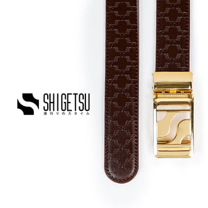 Signature Monogram HIRATSUKA Debossed Brown Gold Belt for Men