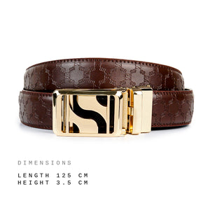 Signature Monogram HIRATSUKA Debossed Brown Gold Belt for Men