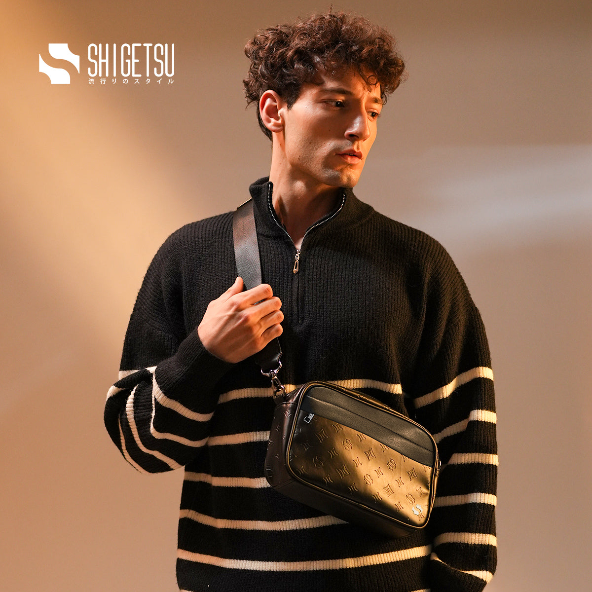Shigetsu HINO Debossed Monogram Bag Leather Sling Bag for men