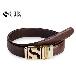 Signature Monogram HIRATSUKA Plain Brown Gold Belt for Men