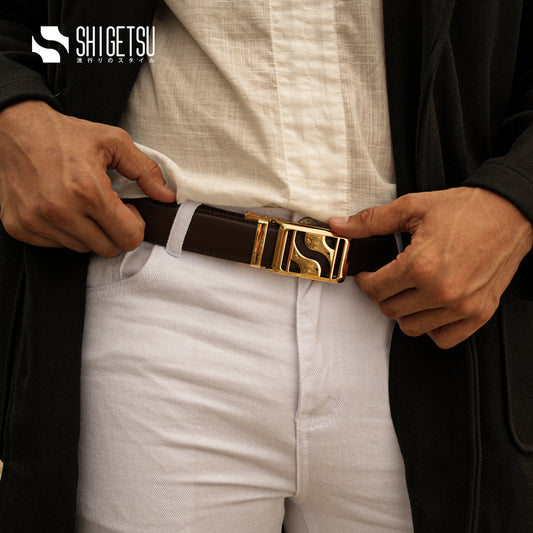 Signature Monogram HIRATSUKA Plain Brown Gold Belt for Men