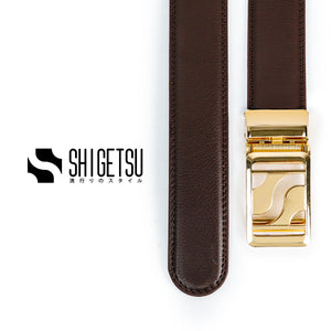 Signature Monogram HIRATSUKA Plain Brown Gold Belt for Men