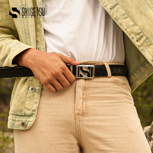 Signature Monogram HIRATSUKA Debossed Black Silver Belt for Men