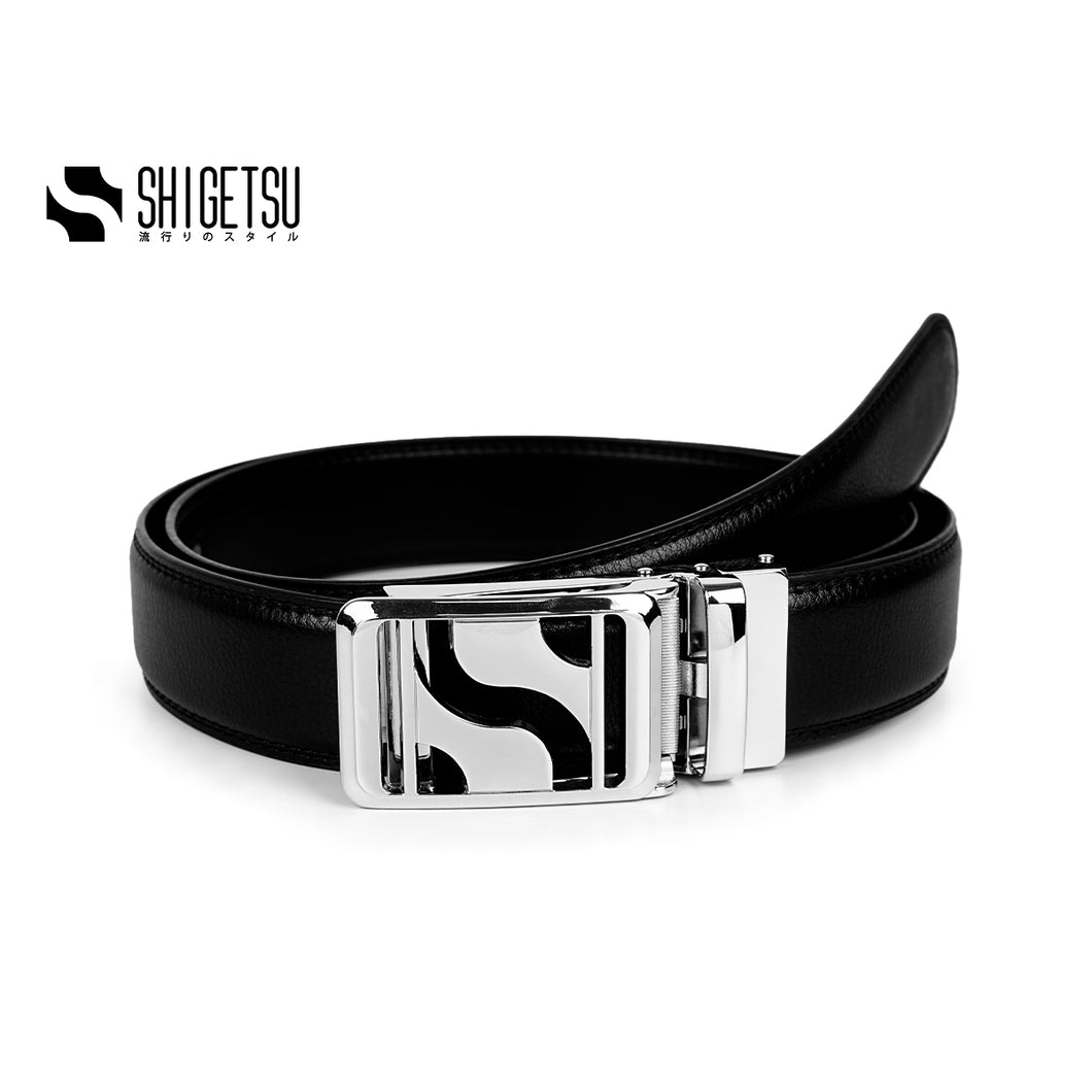 Signature Monogram HIRATSUKA Plain Black Silver Belt for Men