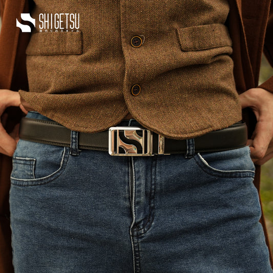 Signature Monogram HIRATSUKA Plain Black Silver Belt for Men