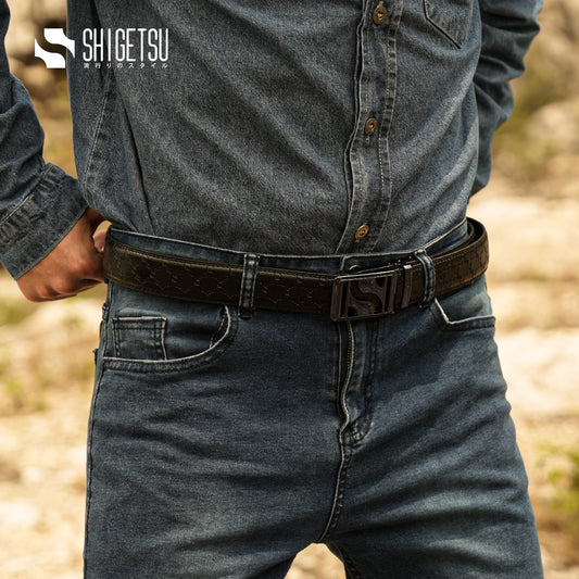 Signature Monogram HIRATSUKA Debossed Black Grey Belt for Men