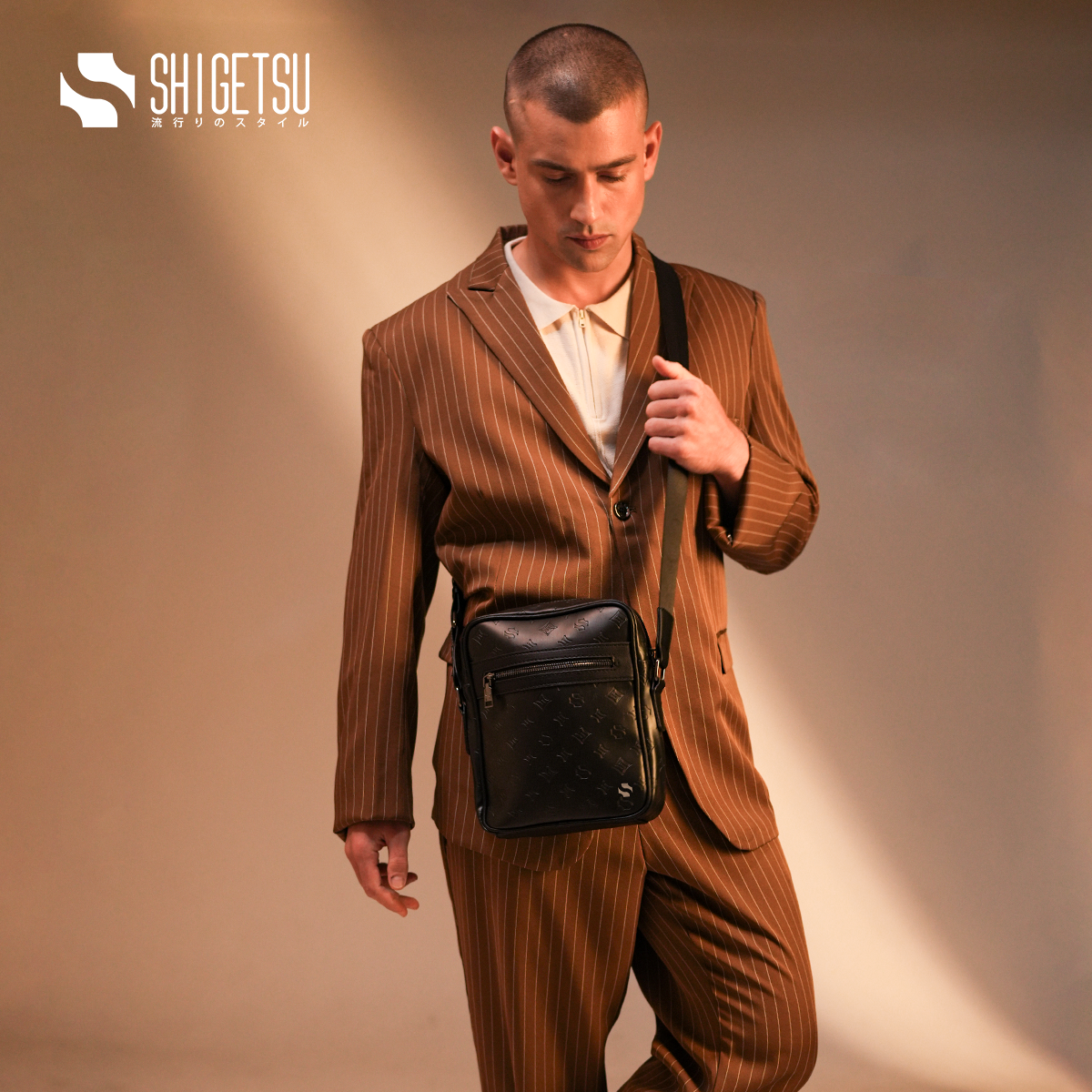 Shigetsu TAMURA Debossed Monogram Bag Leather sling bag for men