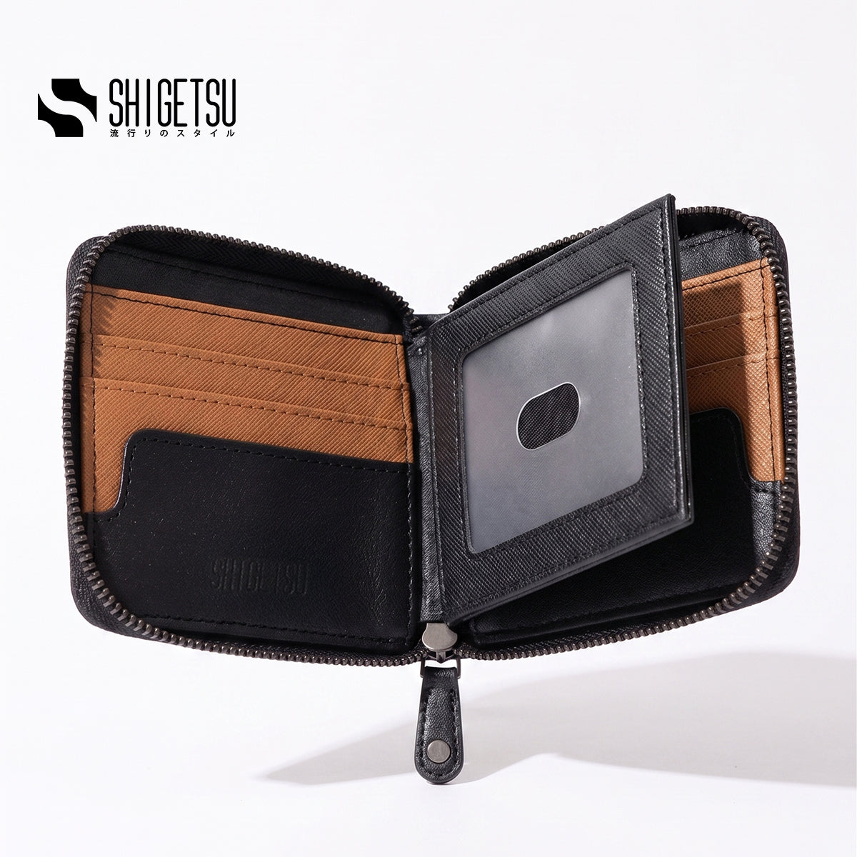 Shigetsu TSUKI Brown Leather Folding Wallet with Attached Flip Pocket for Men