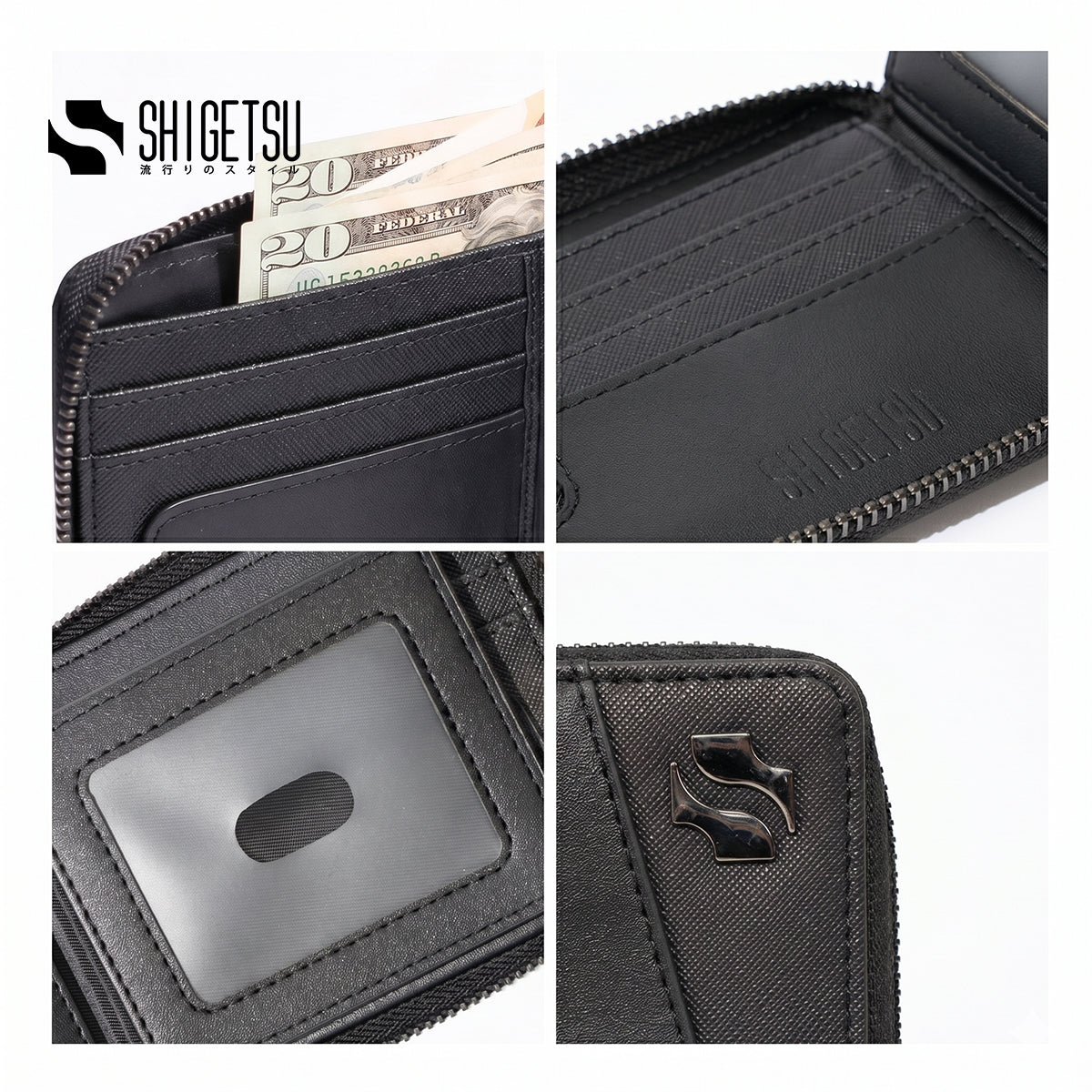 Shigetsu TSUKI Leather Folding Wallet with Attached Flip Pocket for Men