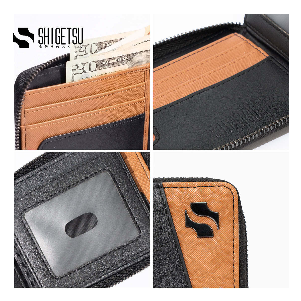 Shigetsu TSUKI Brown Leather Folding Wallet with Attached Flip Pocket for Men