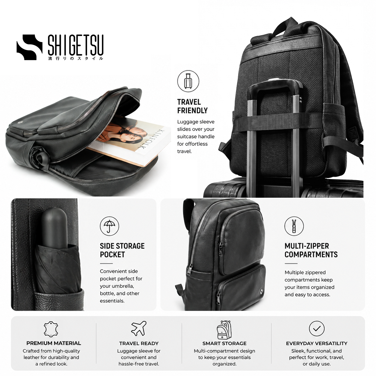 Shigetsu YATSUGA Leather Backpack Leather Backpack for School Bag Office Bag Casual  Mens Bagpack