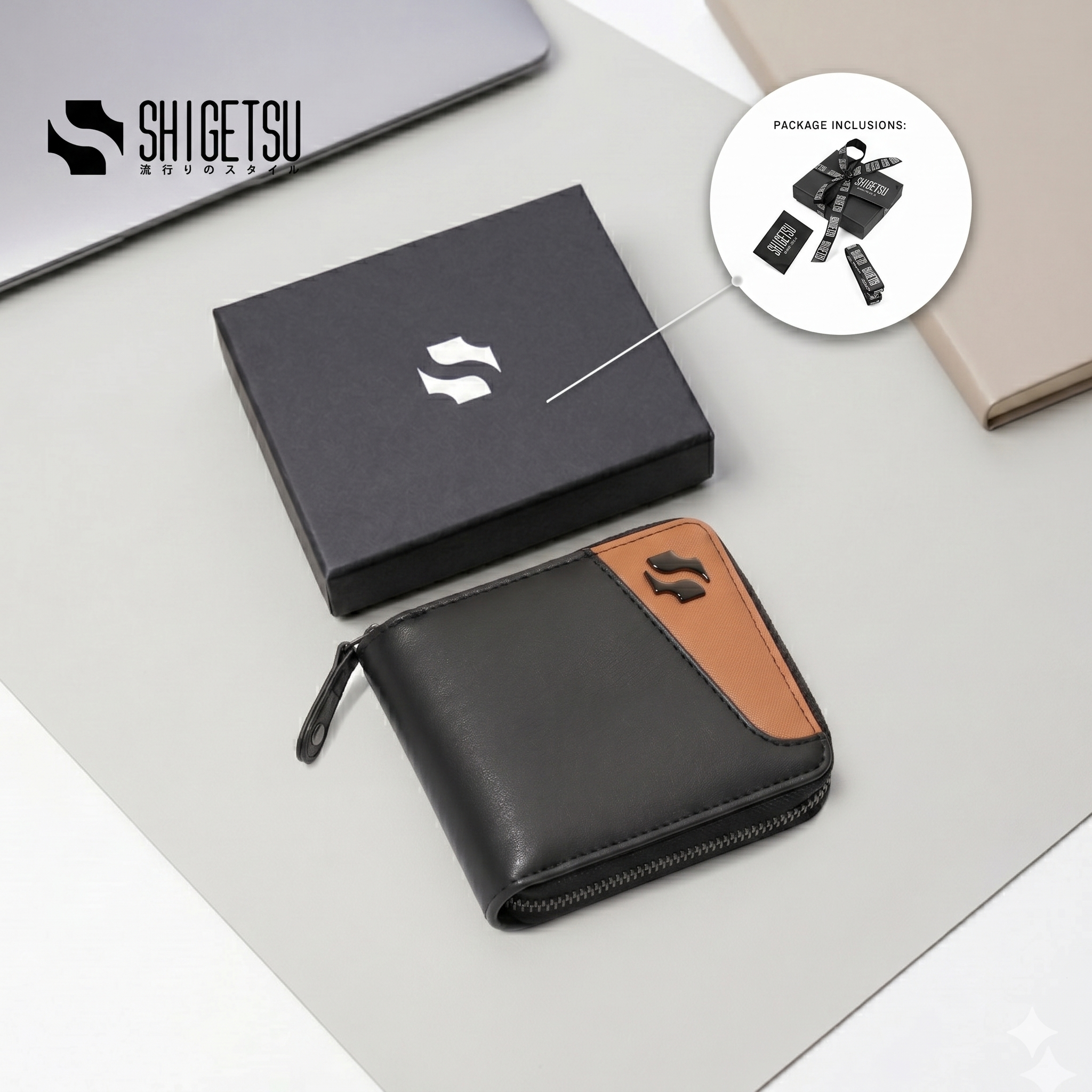 Shigetsu TSUKI Brown Leather Folding Wallet with Attached Flip Pocket for Men